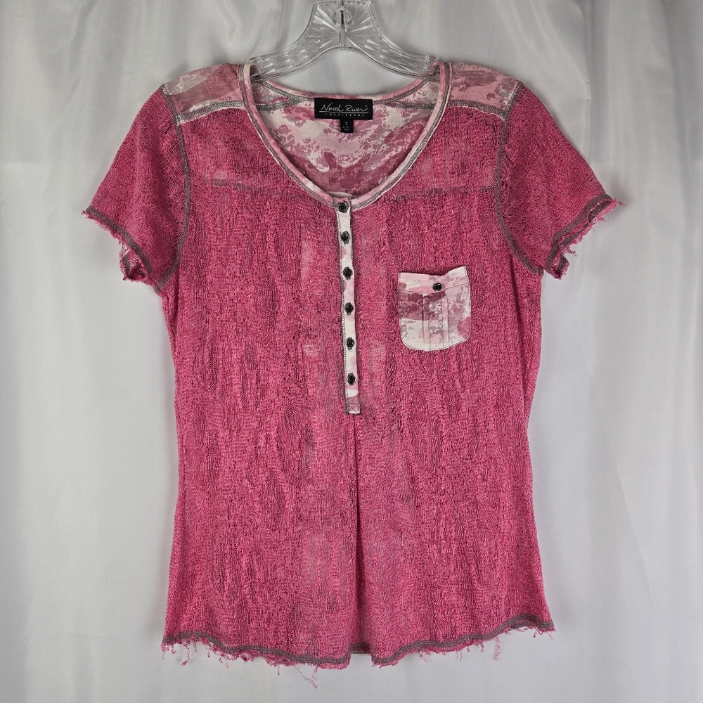 North River Outfitters Womens Pink Sheer Camo Distressed Burnout Top Size Small